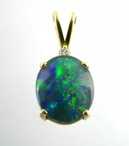 14k Yellow Gold Opal Triplet and 3mm Lab Created Diamond Pendant 2.6g 1 Inch - Picture 1 of 24