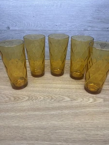 MCM Diamond Optic Gold Hazel Atlas Glasses 6.25”Amber Tumblers 16 Oz ~set Of 5 - Picture 1 of 7