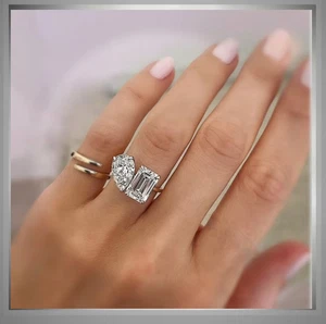 4.00 CT Emerald & Pear Cut IGI Certified Lab Grown Diamond Wedding Ring 14K Gold - Picture 1 of 10
