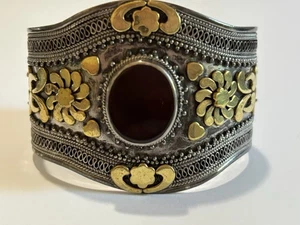 Heavy Vintage Sterling Silver Ornate Carnelian Wide Statement Cuff Bracelet - Picture 1 of 9