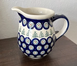 BOLESLAWIEC Polish Pottery Hand Painted Pitcher/ Creamer Pine Trees w/Peacock 6" - Picture 1 of 9