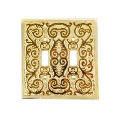 Polished Brass Metal Ornate Floral Double Toggle Switch Wall Plate Cover - Image 1 of 4