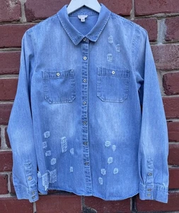 Camicia donna orlo e filo taglia grande manica lunga denim chambray blu invecchiato - Foto 1 di 10