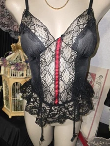 Vintage Nan Flower Teddy Camisole Lingerie Black Garters Pinup Size M USA  - Picture 1 of 9