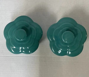 2 Pier 1 Individual Covered Baking Mini Casserole Stoneware Lid Teal Flower  - Picture 1 of 4