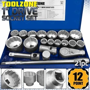 HEAVY DUTY 21pc 1" Inch DRIVE Socket Set 30-80mm 12 Point Sockets Extension Bar - Picture 1 of 12