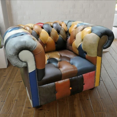 Full Italian Leather Club Tub Chesterfield Buttoned Chair in Patchwork Harlequin - Image 1 of 4