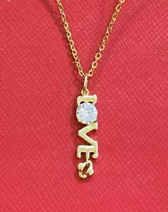 LOVE Cubic Zirconia Charm Fine gold Plated 18" Chain Necklace wBox never tarnish - Picture 1 of 2