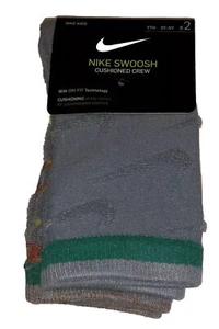 Nike Swoosh Kids Crew Socks 2 Pair Youth 3Y-5Y Green Red w Raised Logo Cushion - Picture 1 of 10