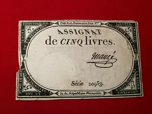 ASSIGNAT 5 Cinq LIVRES / 10 Brumaire l'an 2 1793 / Série 20953 / signé MAUGE - Picture 1 of 2