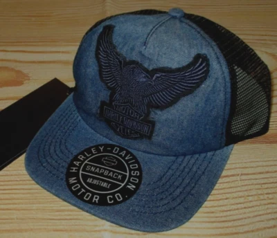 MENS HARLEY DAVIDSON DENIM BLUE CAP ADJUSTABLE SNAPBACK TRUCKER HAT - Image 1 of 2