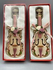 2 Vintage Christmas Decorative Cello Ornaments Wood Floral Victorian Pink Cream