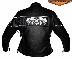 Women's Motorcycle Leather Jacket with Reflective Skulls and Multiple Pockets - Foto 1 di 12