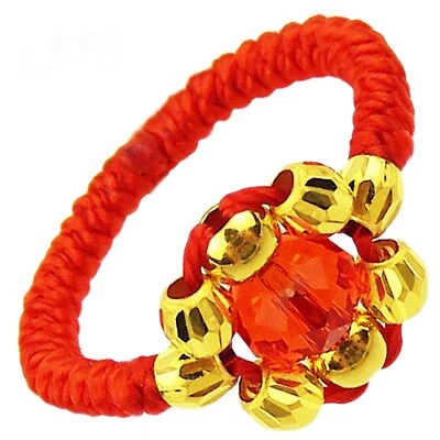 Pure 999 24K Yellow Gold Band Men Women Bead Red Cord Knitted Braided Ring 0.6g - Image 1 of 4