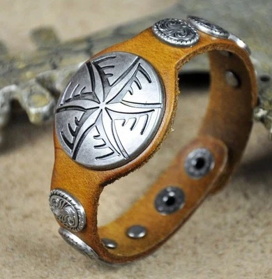 COOL Alloy Metal Studded Men's Leather Bracelet Wristband Cuff Vintage Orange - Image 1 of 4