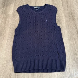 Polo Ralph Lauren Mens Blue Cable Knit V Neck Cotton Preppy Sweater Vest Sz M - Picture 1 of 6