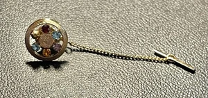 Vintage Anson Rhinestone Chain & Bar Round Tie Pin Gold Tone Multi Color Stones - Picture 1 of 8