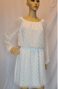 WHBM Dress XS Ivory Off Shoulder Mini Chiffon Blouson Sheer Arm Body lined - Picture 1 of 14