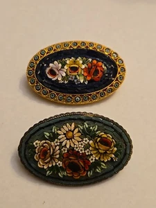 2 Gorgeous Antique Artist Oval Brooch - Micro Mosaic - Flower design - Picture 1 of 7