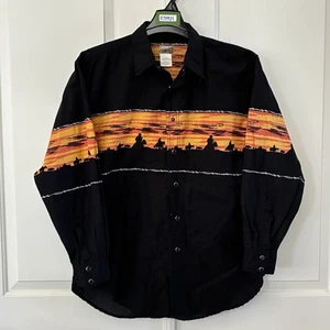 Camicia Vintage Express Rider Uomo Grande Nera Tramonto Azteco Rodeo Perla Tasche a Scatto - Foto 1 di 7