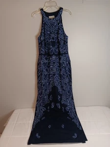 Abito lungo Aidan Mattox Halter scollo impreziosito blu formale tg 12 054474110 - Foto 1 di 6