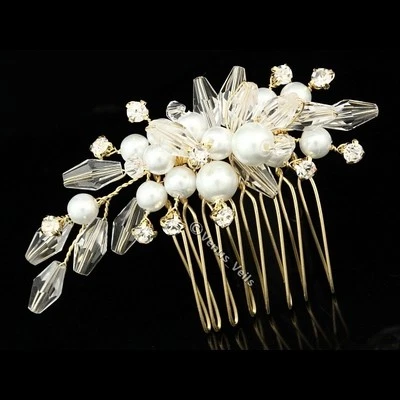 Handmade Gold Bridal Rhinestone Crystal Pearl Prom Wedding Tiara Hair Comb FC038 - Image 1 of 4