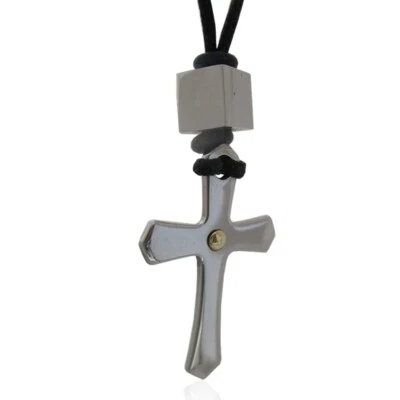 Collana con ciondolo croce mm 27 in acciaio lucido e oro con punte a spada - Immagine 1 di 2