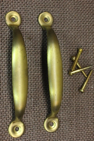 2 Old Screen Door Pulls Furniture Drawer 4 3/4 Handles Solid Satin Brass Vintage Cover