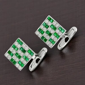 Vivid Green Princess Cut Zambian Emerald & Lab-Created Diamonds Square Cufflinks - Picture 1 of 4