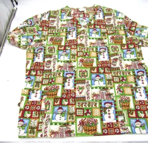 Snowman Christmas Candy Canes Holiday Womens Scrub Top White Swan Multicolored - Picture 1 of 8