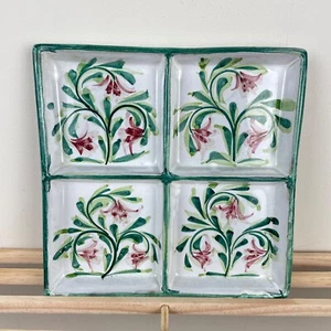 Hand Painted Pottery Serving Tray 4 Section Divided Green Pink Floral 9 x 9 - Picture 1 of 5