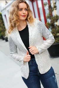 Silver Sequin Open Blazer - Picture 1 of 5
