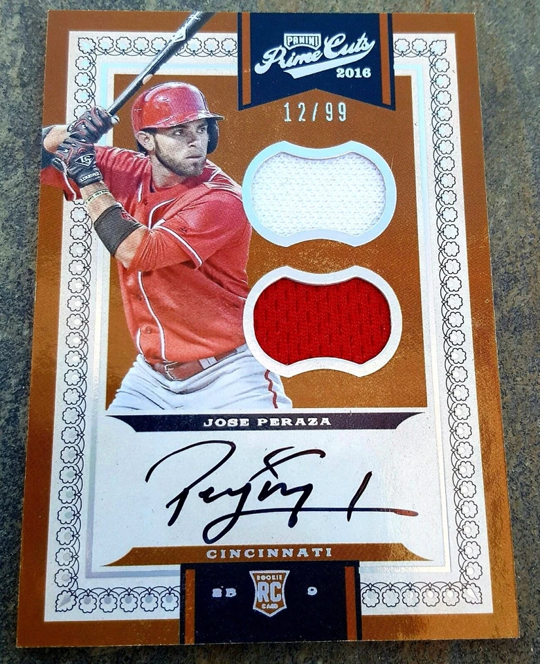 JOSE PERAZA RC 2016 PANINI PRIME CUTS DUAL 2 COLOR PATCH AUTO#12/99-REDS 2B RC - Image 1 of 4