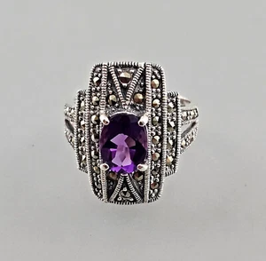 9923380 Vintage 925er Silver Opulent Amethyst-Markasit-Ring Gr.59 - Picture 1 of 5