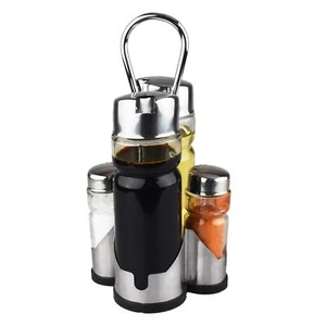 Salt Pepper Shakers Oil Vinegar Dispenser Set with Stainless Steel Holder 4pcs - Picture 1 of 8
