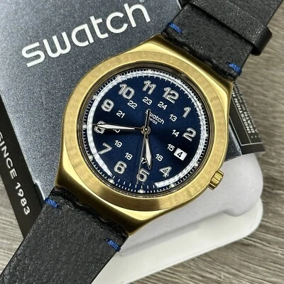 NEW✅ Swatch Irony HAPPY JOE GOLDEN Gold Steel Case Blue Leather Men Watch YWG408 - Image 1 of 4