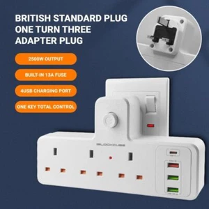 Extension Lead with 4 USB Cable Electric Plug Socket UK Mains Power 3 Gang Way - Picture 1 of 13