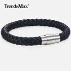 8Mm Black Braided Cord Rope Leather Bracelet Unisex Stainless Steel Clasp 8-10"