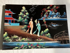 Vintage Japanese Geisha Girls Painting Black Lacquer on Wood Board - Picture 1 of 11