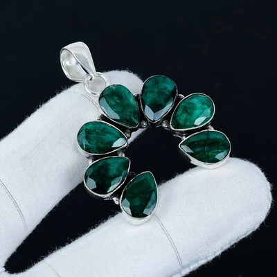 Smeraldo Creato IN Laboratorio Gemma Ciondolo 925 Argento Per Natale Regali - Immagine 1 di 4