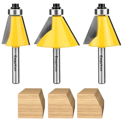 3 Piece Chamfer Router Bit Set Kit, 1/4" Shank, 15, 22.5, 30 Degree Cutting Angl - Image 1 of 4