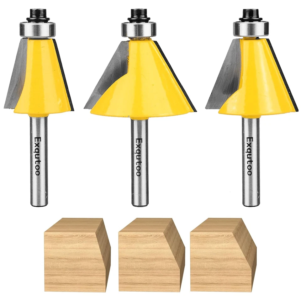 3 Piece Chamfer Router Bit Set Kit, 1/4" Shank, 15, 22.5, 30 Degree Cutting Angl - Image 1 of 4