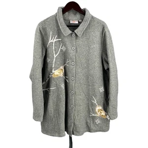 Quacker Factory Gray Button Front Cardigan Jacket Fleece Snowflake Embroidery 2X - Picture 1 of 7