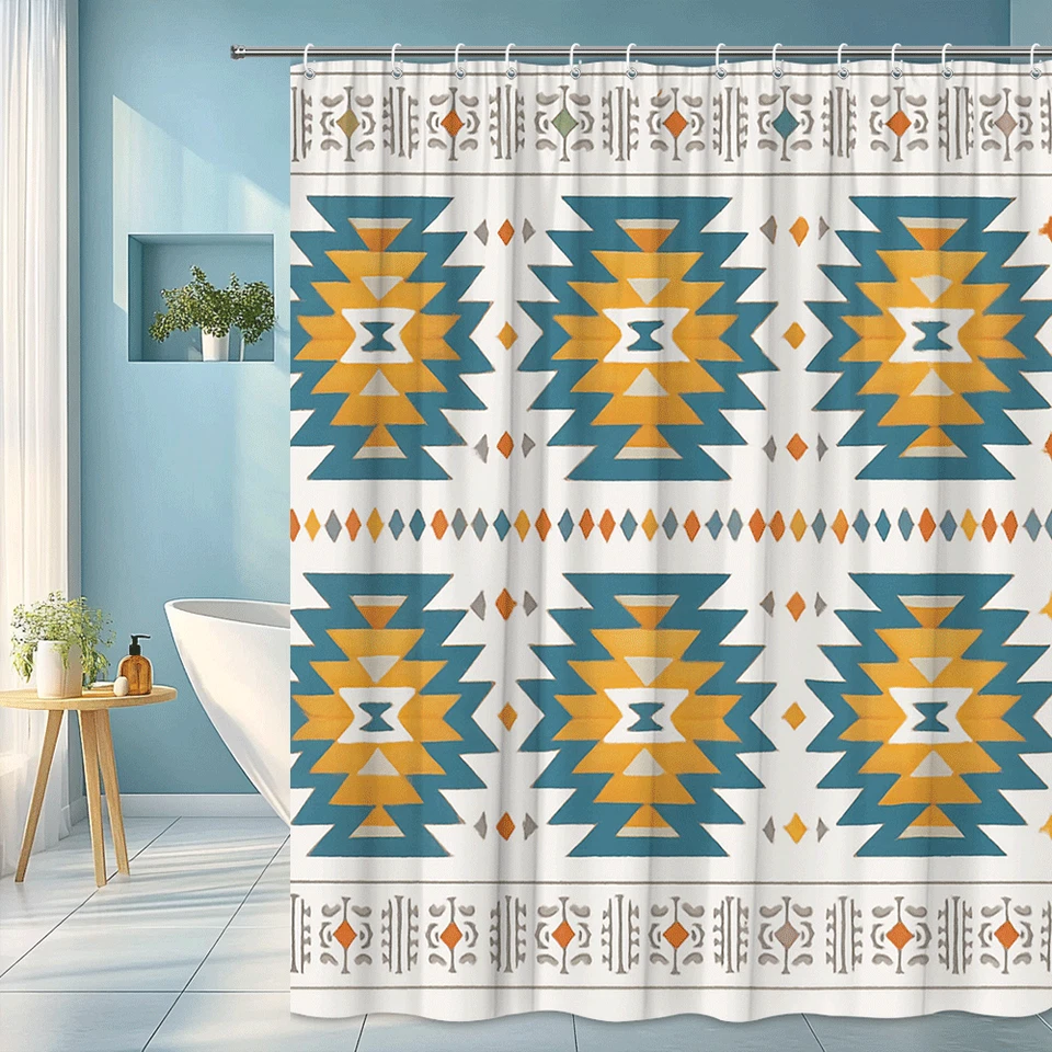 Занавеска для душа с племенным узором, бирюзовый и золотой, художественный декор для ванной - Изображение 1 из 4