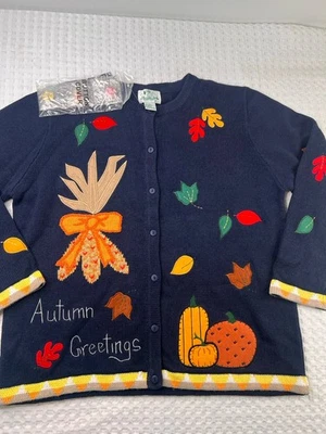 Quacker Factory Autumn Greetings Cardigan Sweater Size Large Fall Leaves Vtg New - Image 1 of 4