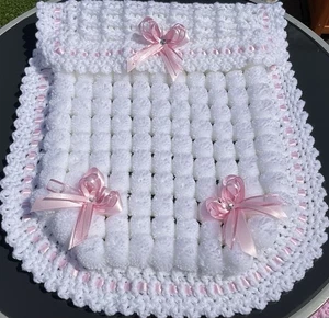 Beautiful Thick Pom Pom Blanket Pram Size white /pink - Picture 1 of 2