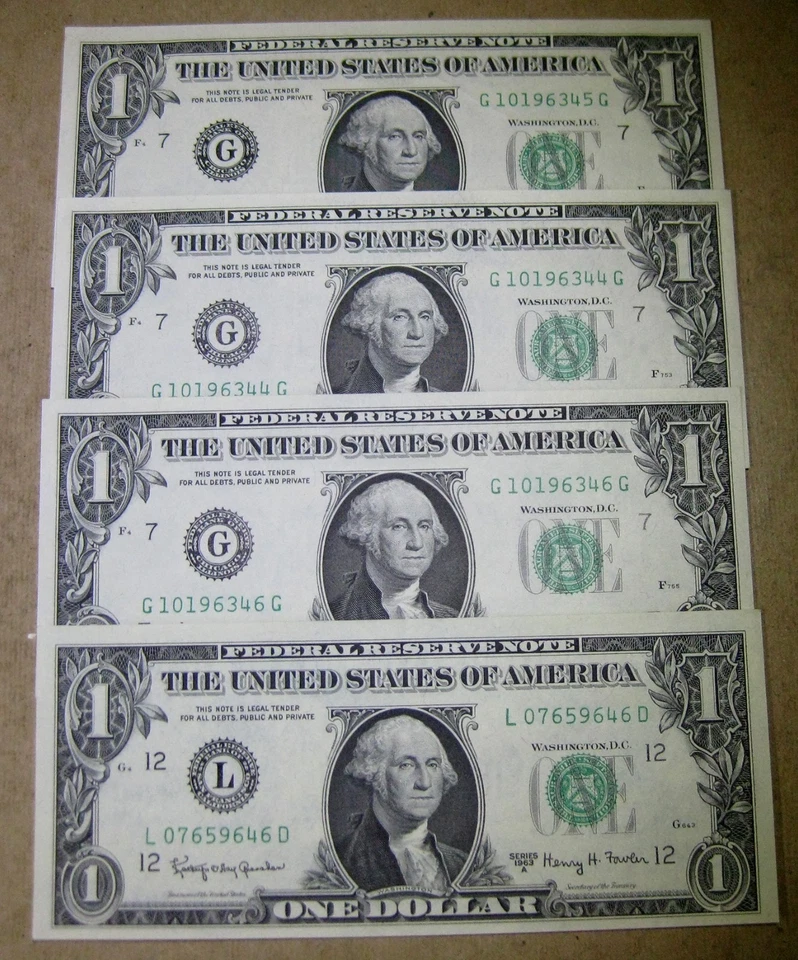 Four Crisp Uncirculated 1963 A Federal Reserve $1 Banknotes - Image 1 of 1