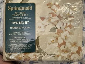 Vintage SPRINGMAID Sheet Set Tranquility Floral Twin Bed Flat-Fitted-Pillowcase - Picture 1 of 7