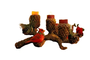 Advent Candle Holder Wreath Cardinal Pine Cones Branch Votive 12 inch - Picture 1 of 4