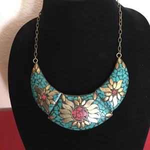 Vtg Stone Chips Inlay Mosaic Brass Collar Statement Necklace Boho Ethnic 17" - Picture 1 of 5